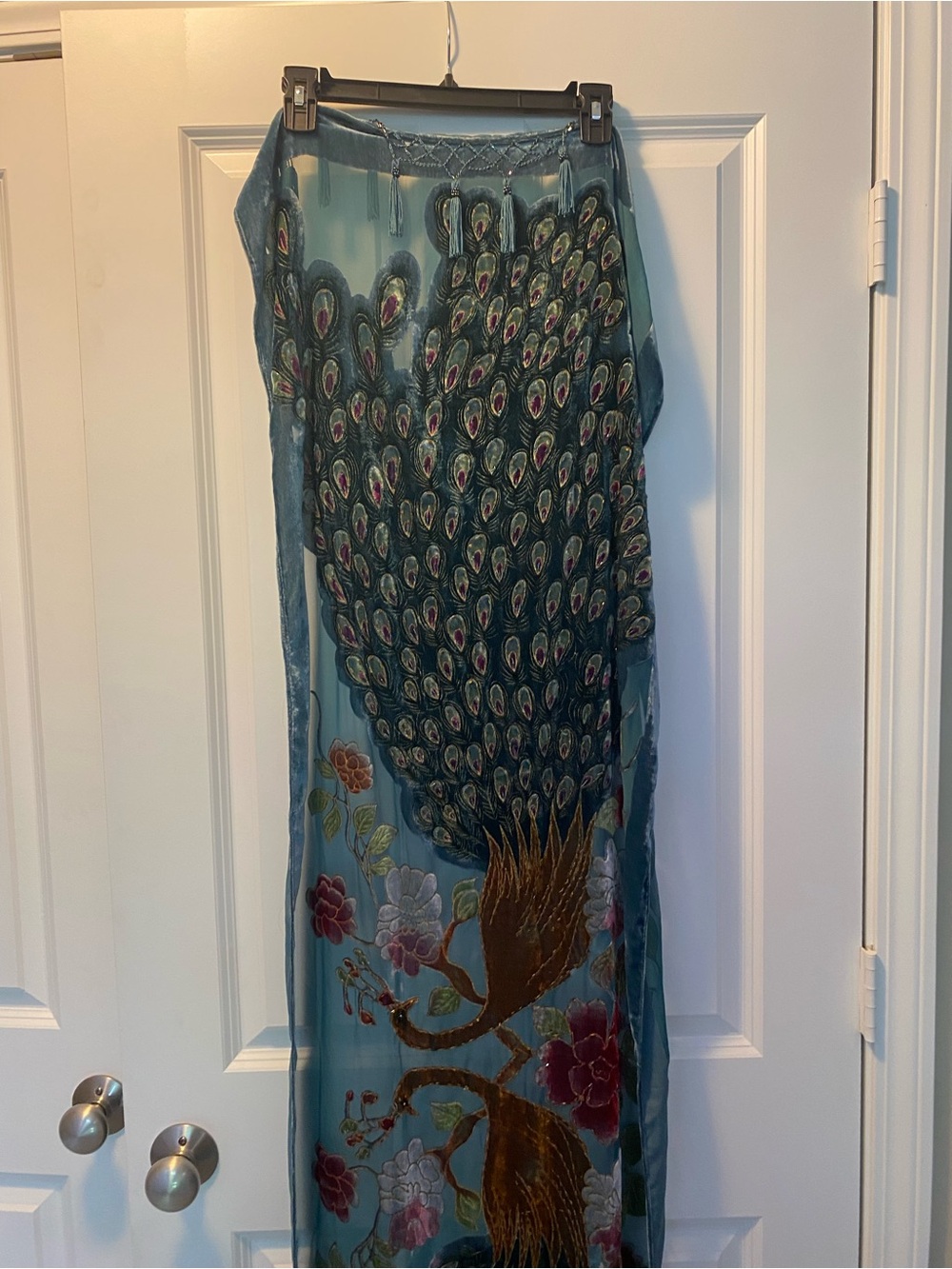 Sheer Teal Peacock Embroidered Scarf/Shawl